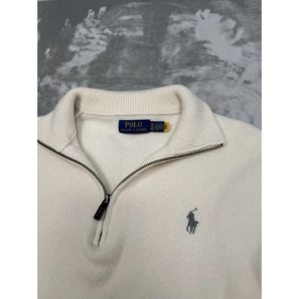 Polo Ralph Lauren 1/4 Zip Pullover Mens XL Cream Ivory White 100% Wool Gray Pony